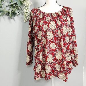 Chaps Red / Cream Floral Peasant Blouse, XL Extra Large